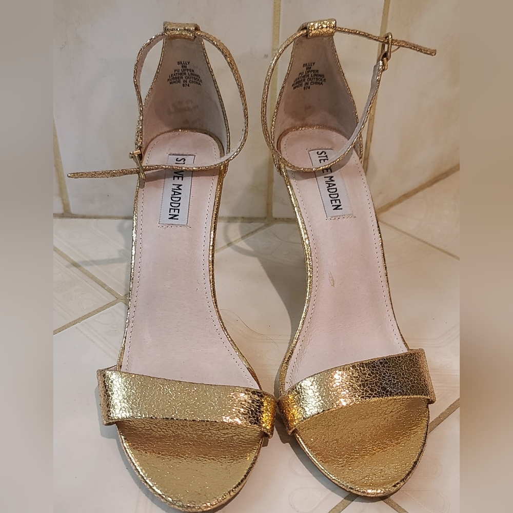 Gold, ankle strap high heel